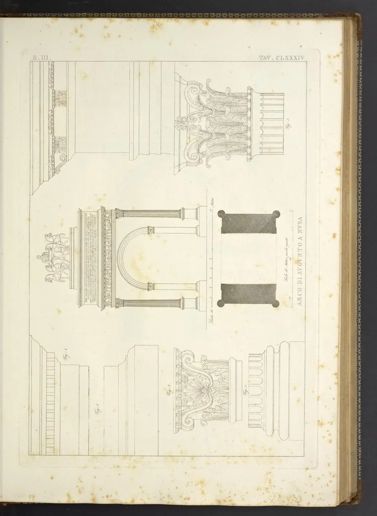 An illustration from L'architettura antica descritta e dimostrata coi monumenti ... : opera divisa in tre sezioni risguardanti la storia, la teorica, e le pratiche dell' architettura egiziana, greca e romana, 1830, leaf 138
