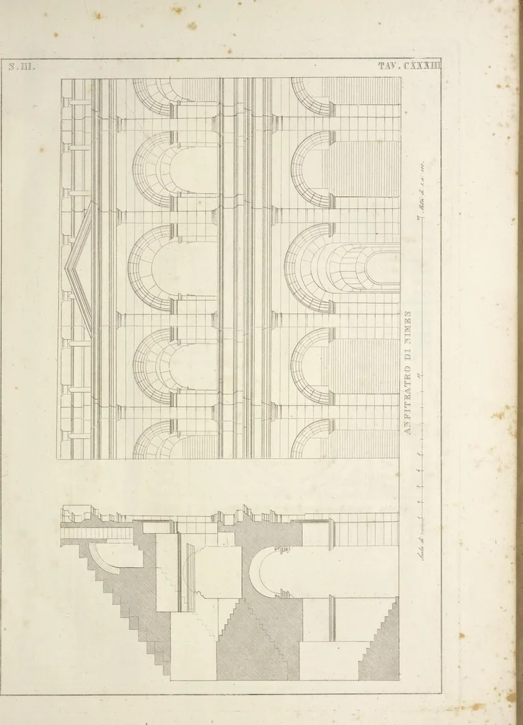 An illustration from L'architettura antica descritta e dimostrata coi monumenti ... : opera divisa in tre sezioni risguardanti la storia, la teorica, e le pratiche dell' architettura egiziana, greca e romana, 1830, leaf 14