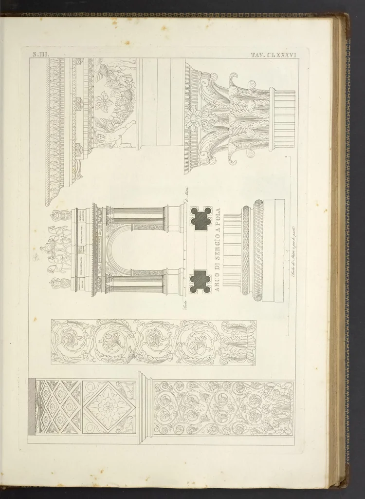 An illustration from L'architettura antica descritta e dimostrata coi monumenti ... : opera divisa in tre sezioni risguardanti la storia, la teorica, e le pratiche dell' architettura egiziana, greca e romana, 1830, leaf 142