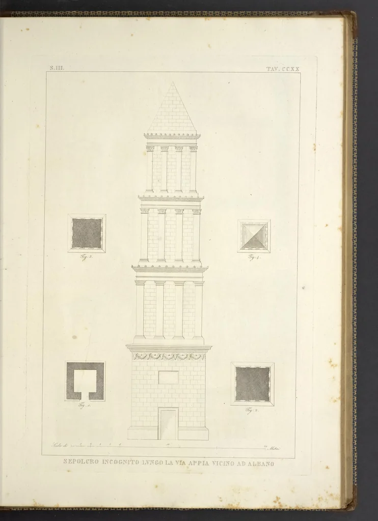 An illustration from L'architettura antica descritta e dimostrata coi monumenti ... : opera divisa in tre sezioni risguardanti la storia, la teorica, e le pratiche dell' architettura egiziana, greca e romana, 1830, leaf 210