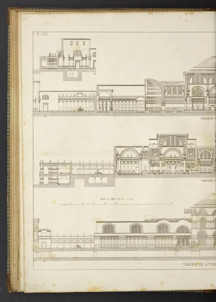 An illustration from L'architettura antica descritta e dimostrata coi monumenti ... : opera divisa in tre sezioni risguardanti la storia, la teorica, e le pratiche dell' architettura egiziana, greca e romana, 1830, leaf 53