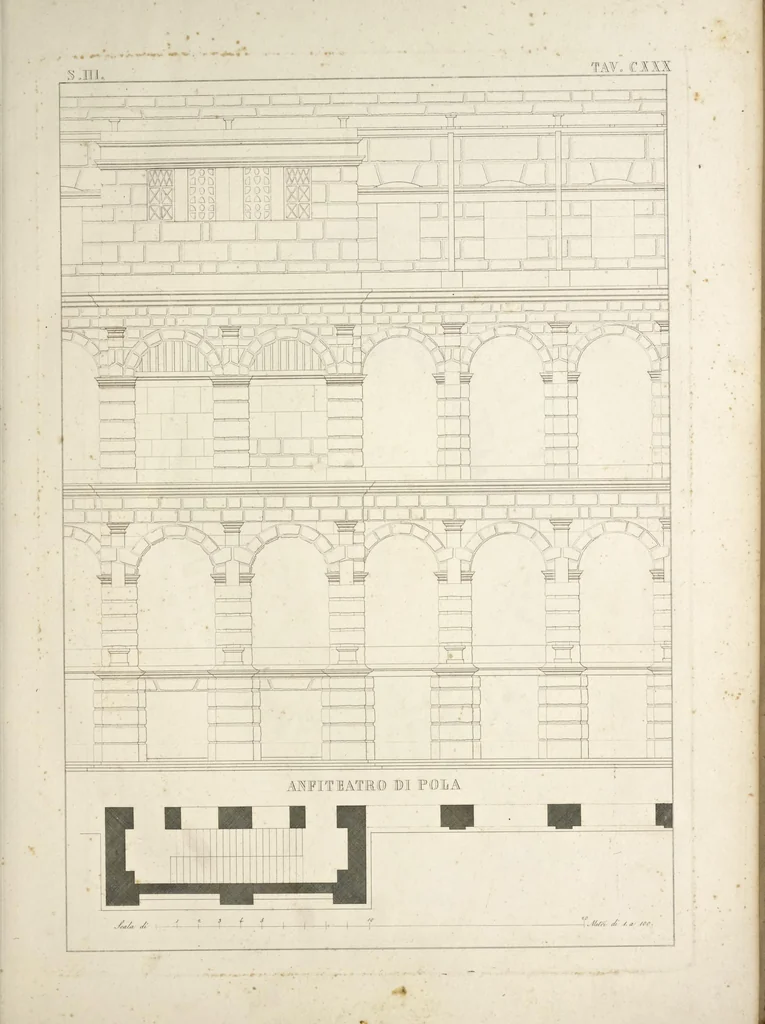 An illustration from L'architettura antica descritta e dimostrata coi monumenti ... : opera divisa in tre sezioni risguardanti la storia, la teorica, e le pratiche dell' architettura egiziana, greca e romana, 1830, leaf 8