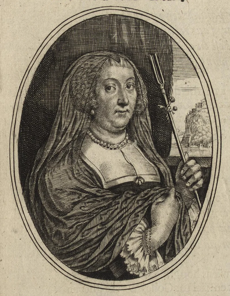 An illustration from Les vrais pourtraits de quelques unes des plus grandes dames de la chrestiente, desguisees en bergeres, I.[-IV.] partie = Ware afbeeldinghe van eenige der aldergrootste ende doorluchtigste vrouwen van heel christenrijck, vertoont in gedaente als herderinnen, I.[-IV.] deel, 1640, leaf 32