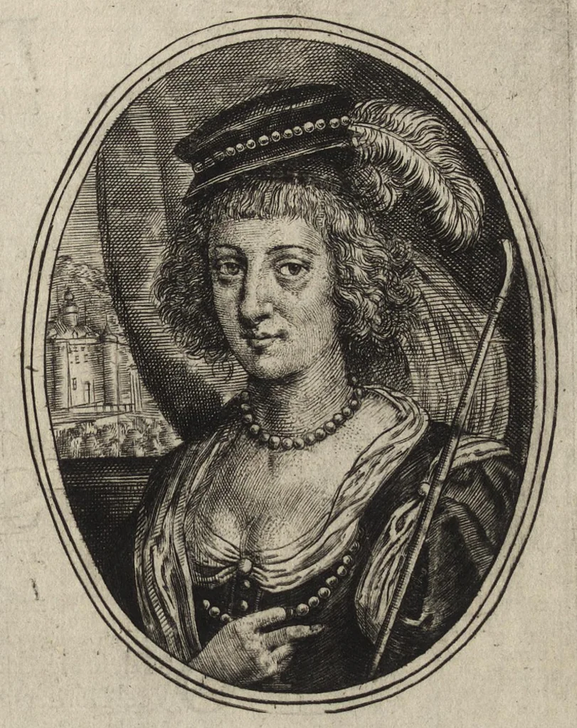 An illustration from Les vrais pourtraits de quelques unes des plus grandes dames de la chrestiente, desguisees en bergeres, I.[-IV.] partie = Ware afbeeldinghe van eenige der aldergrootste ende doorluchtigste vrouwen van heel christenrijck, vertoont in gedaente als herderinnen, I.[-IV.] deel, 1640, leaf 34