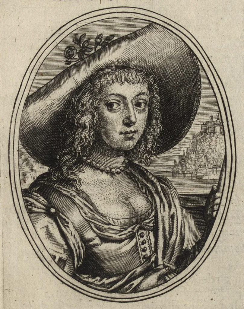 An illustration from Les vrais pourtraits de quelques unes des plus grandes dames de la chrestiente, desguisees en bergeres, I.[-IV.] partie = Ware afbeeldinghe van eenige der aldergrootste ende doorluchtigste vrouwen van heel christenrijck, vertoont in gedaente als herderinnen, I.[-IV.] deel, 1640, leaf 34