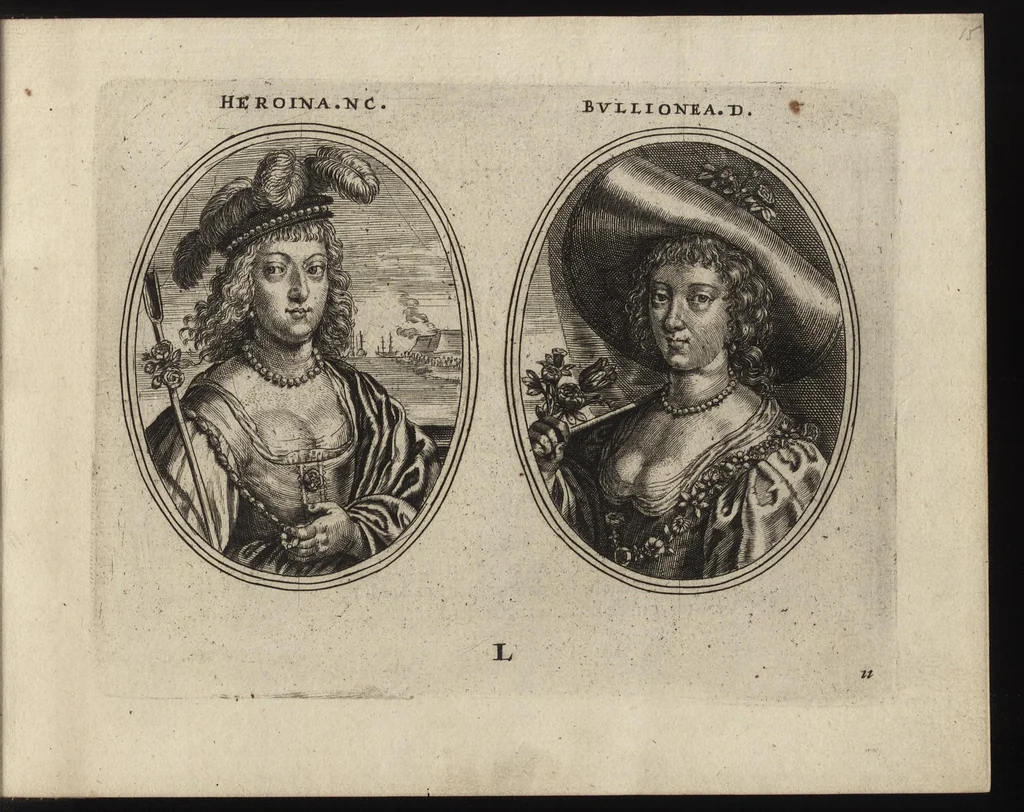 An illustration from Les vrais pourtraits de quelques unes des plus grandes dames de la chrestiente, desguisees en bergeres, I.[-IV.] partie = Ware afbeeldinghe van eenige der aldergrootste ende doorluchtigste vrouwen van heel christenrijck, vertoont in gedaente als herderinnen, I.[-IV.] deel, 1640, leaf 36