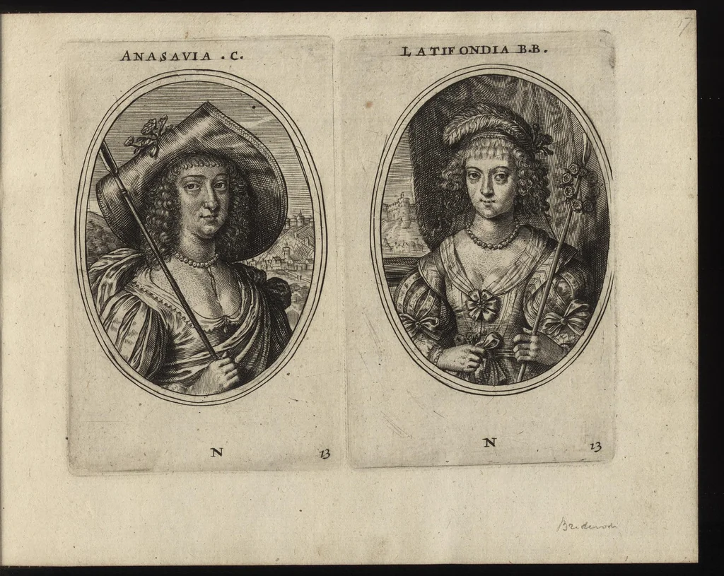 An illustration from Les vrais pourtraits de quelques unes des plus grandes dames de la chrestiente, desguisees en bergeres, I.[-IV.] partie = Ware afbeeldinghe van eenige der aldergrootste ende doorluchtigste vrouwen van heel christenrijck, vertoont in gedaente als herderinnen, I.[-IV.] deel, 1640, leaf 40