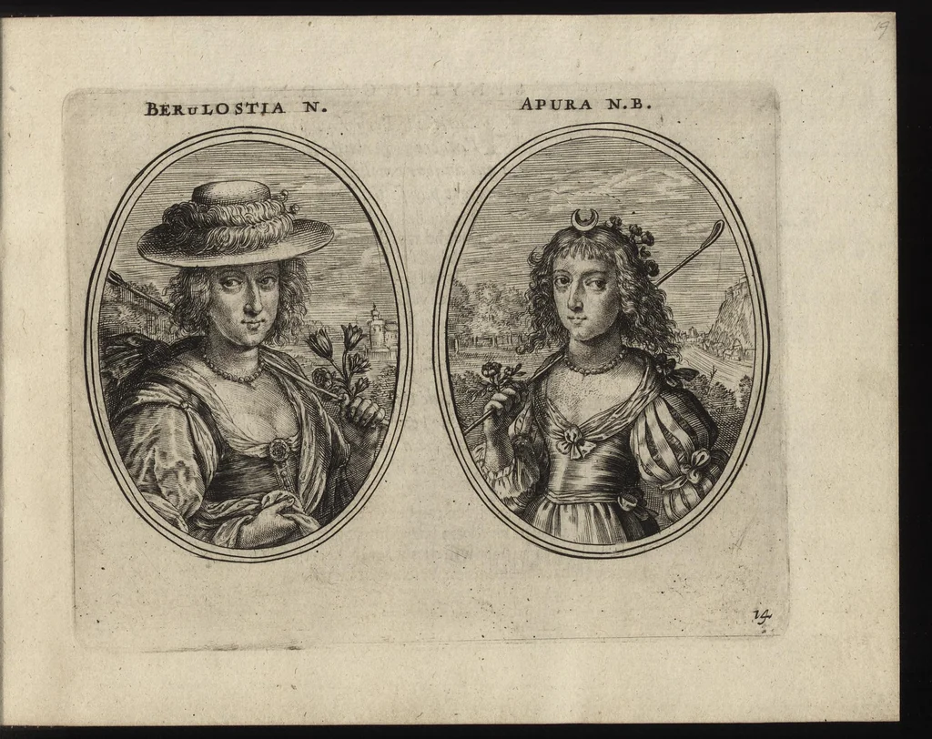 An illustration from Les vrais pourtraits de quelques unes des plus grandes dames de la chrestiente, desguisees en bergeres, I.[-IV.] partie = Ware afbeeldinghe van eenige der aldergrootste ende doorluchtigste vrouwen van heel christenrijck, vertoont in gedaente als herderinnen, I.[-IV.] deel, 1640, leaf 44