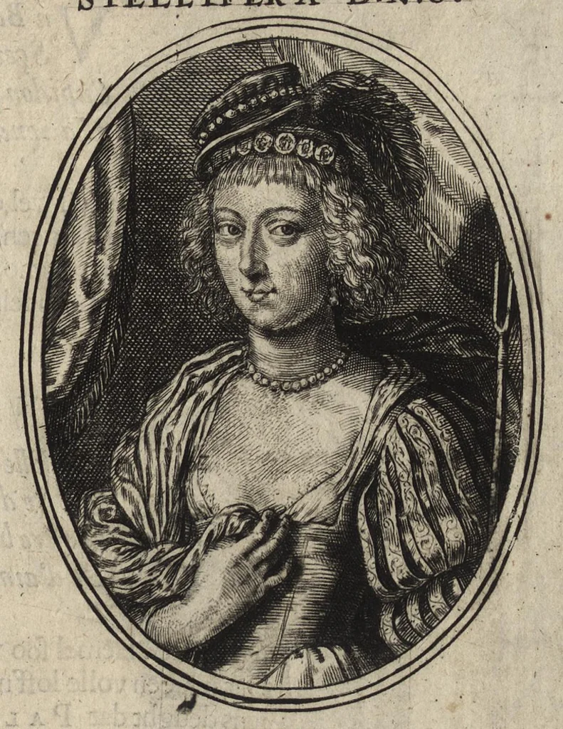 An illustration from Les vrais pourtraits de quelques unes des plus grandes dames de la chrestiente, desguisees en bergeres, I.[-IV.] partie = Ware afbeeldinghe van eenige der aldergrootste ende doorluchtigste vrouwen van heel christenrijck, vertoont in gedaente als herderinnen, I.[-IV.] deel, 1640, leaf 48