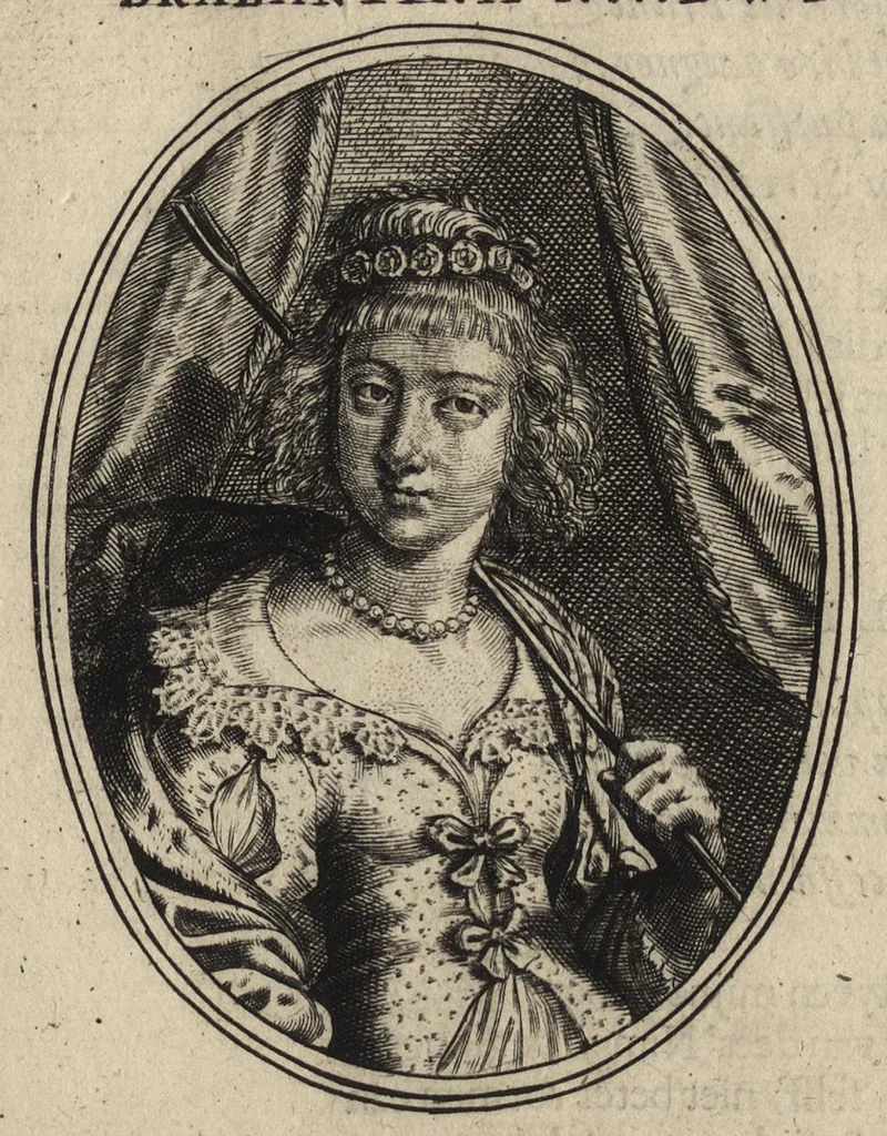 An illustration from Les vrais pourtraits de quelques unes des plus grandes dames de la chrestiente, desguisees en bergeres, I.[-IV.] partie = Ware afbeeldinghe van eenige der aldergrootste ende doorluchtigste vrouwen van heel christenrijck, vertoont in gedaente als herderinnen, I.[-IV.] deel, 1640, leaf 48
