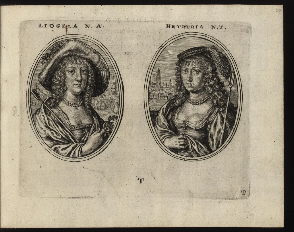 An illustration from Les vrais pourtraits de quelques unes des plus grandes dames de la chrestiente, desguisees en bergeres, I.[-IV.] partie = Ware afbeeldinghe van eenige der aldergrootste ende doorluchtigste vrouwen van heel christenrijck, vertoont in gedaente als herderinnen, I.[-IV.] deel, 1640, leaf 54