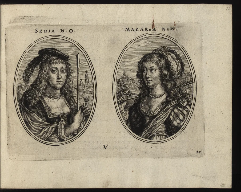 An illustration from Les vrais pourtraits de quelques unes des plus grandes dames de la chrestiente, desguisees en bergeres, I.[-IV.] partie = Ware afbeeldinghe van eenige der aldergrootste ende doorluchtigste vrouwen van heel christenrijck, vertoont in gedaente als herderinnen, I.[-IV.] deel, 1640, leaf 56