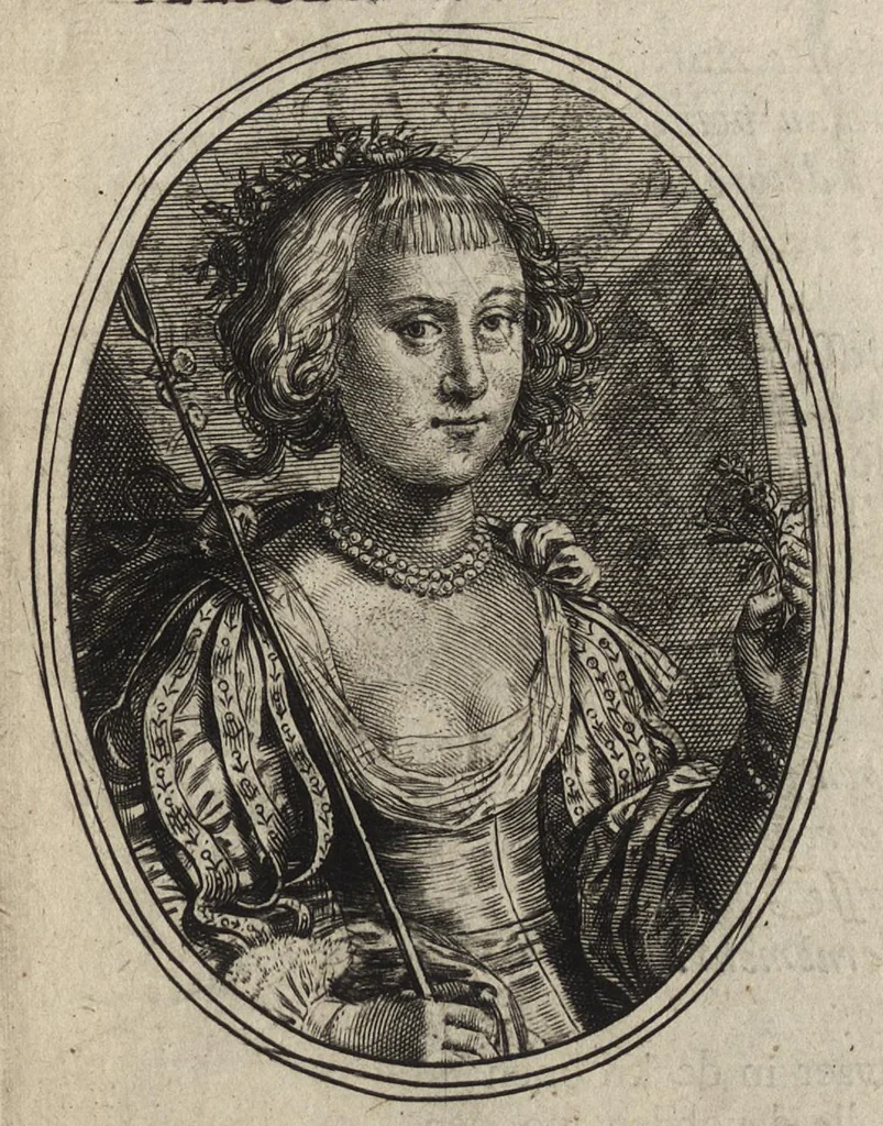 An illustration from Les vrais pourtraits de quelques unes des plus grandes dames de la chrestiente, desguisees en bergeres, I.[-IV.] partie = Ware afbeeldinghe van eenige der aldergrootste ende doorluchtigste vrouwen van heel christenrijck, vertoont in gedaente als herderinnen, I.[-IV.] deel, 1640, leaf 58