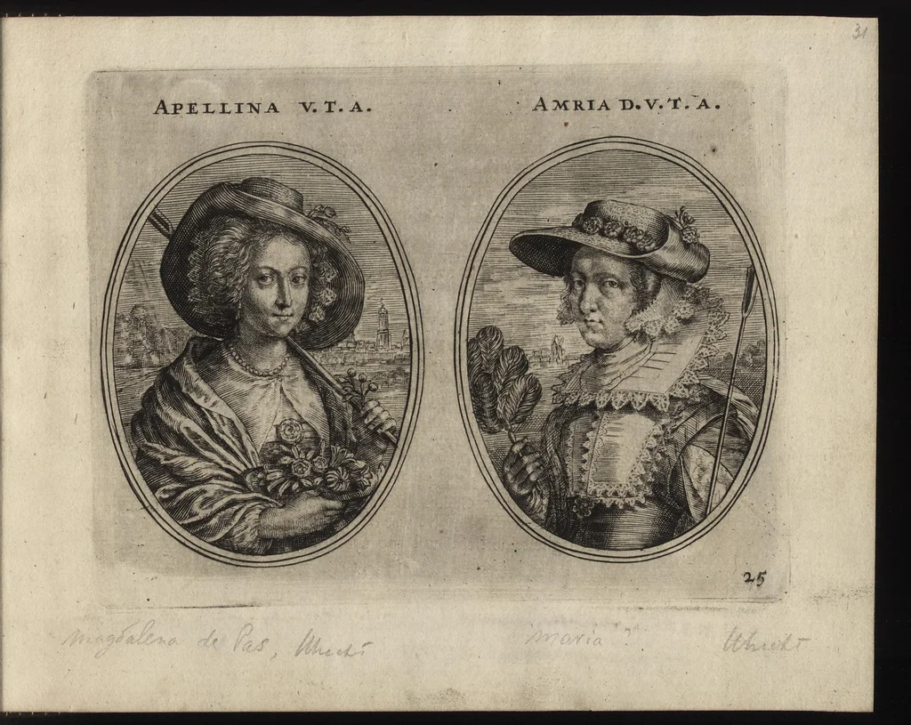 An illustration from Les vrais pourtraits de quelques unes des plus grandes dames de la chrestiente, desguisees en bergeres, I.[-IV.] partie = Ware afbeeldinghe van eenige der aldergrootste ende doorluchtigste vrouwen van heel christenrijck, vertoont in gedaente als herderinnen, I.[-IV.] deel, 1640, leaf 68