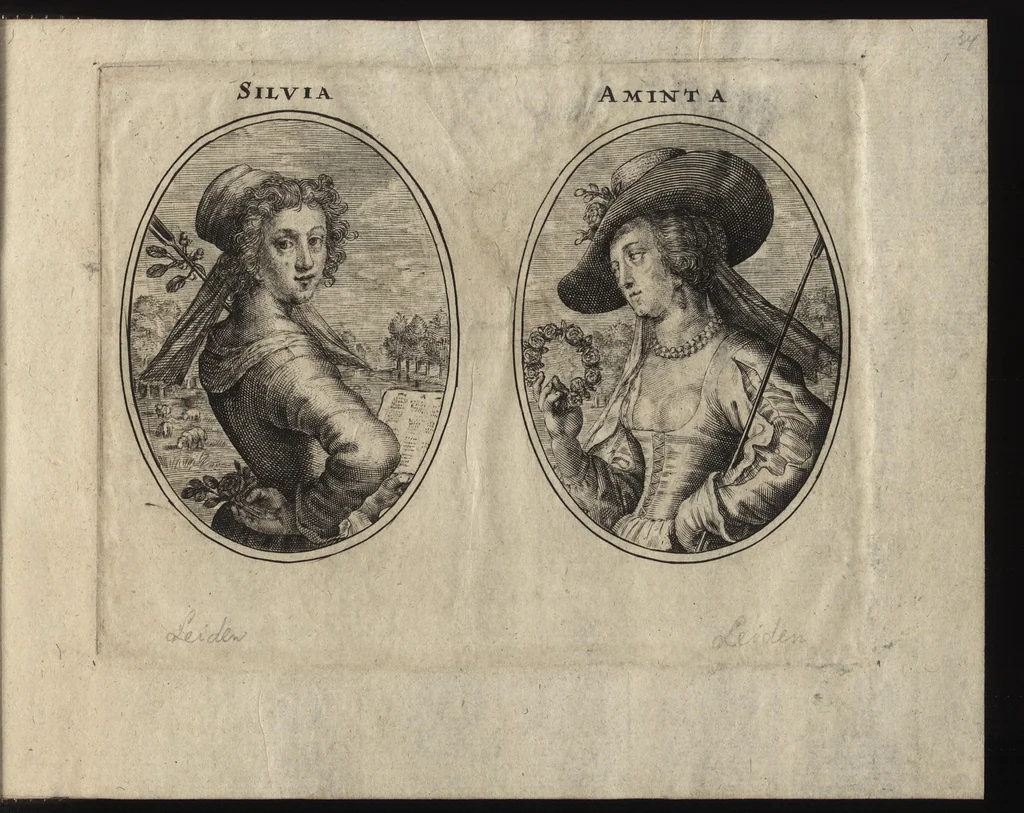 An illustration from Les vrais pourtraits de quelques unes des plus grandes dames de la chrestiente, desguisees en bergeres, I.[-IV.] partie = Ware afbeeldinghe van eenige der aldergrootste ende doorluchtigste vrouwen van heel christenrijck, vertoont in gedaente als herderinnen, I.[-IV.] deel, 1640, leaf 74