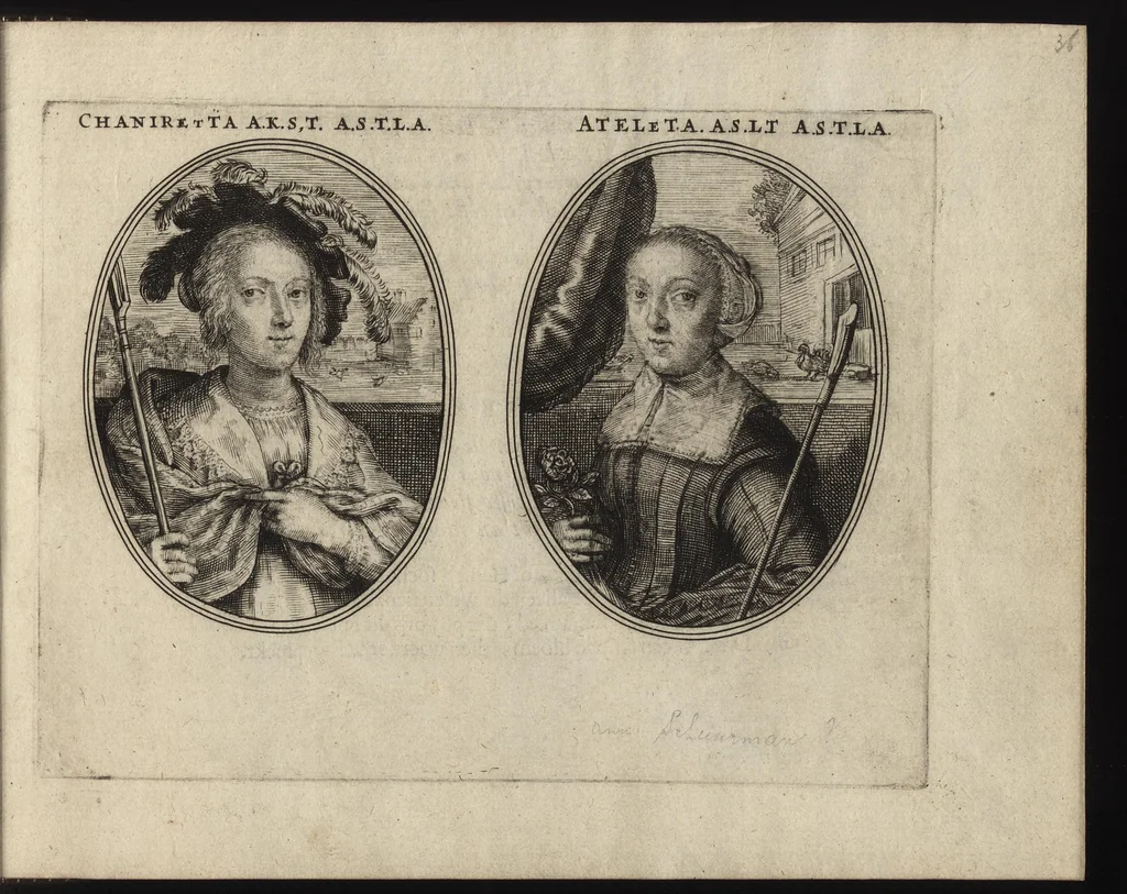 An illustration from Les vrais pourtraits de quelques unes des plus grandes dames de la chrestiente, desguisees en bergeres, I.[-IV.] partie = Ware afbeeldinghe van eenige der aldergrootste ende doorluchtigste vrouwen van heel christenrijck, vertoont in gedaente als herderinnen, I.[-IV.] deel, 1640, leaf 78