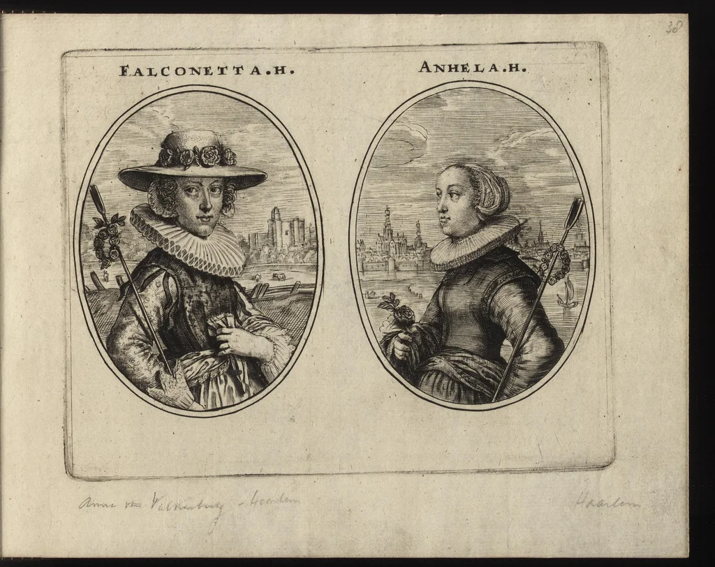 An illustration from Les vrais pourtraits de quelques unes des plus grandes dames de la chrestiente, desguisees en bergeres, I.[-IV.] partie = Ware afbeeldinghe van eenige der aldergrootste ende doorluchtigste vrouwen van heel christenrijck, vertoont in gedaente als herderinnen, I.[-IV.] deel, 1640, leaf 82