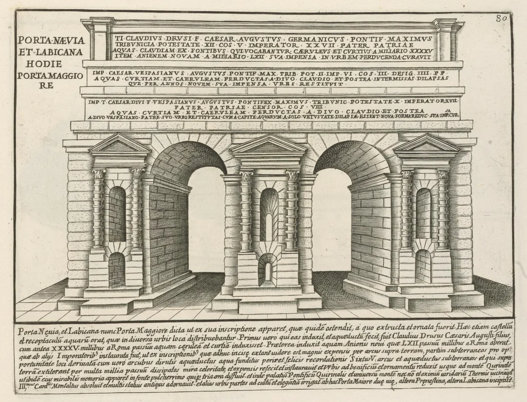 An illustration from Romanæ magnitvdinis monvmenta : qvæ vrbem illam orbis dominam velvt redivivam exhibent posteritati, vetervm recentiorvmqve qvotqvot hac de re scripservnt avthoritate probata, qvibvs svffragantvr nvmismata, et mvsea principvm præsertim fragmenta marmorea Farnesiana, qvæ vrbis antiqvæ ichnographiam continent, 1699, leaf 162