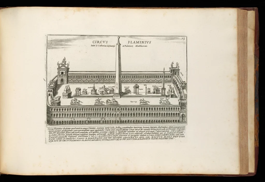 An illustration from Romanæ magnitvdinis monvmenta : qvæ vrbem illam orbis dominam velvt redivivam exhibent posteritati, vetervm recentiorvmqve qvotqvot hac de re scripservnt avthoritate probata, qvibvs svffragantvr nvmismata, et mvsea principvm præsertim fragmenta marmorea Farnesiana, qvæ vrbis antiqvæ ichnographiam continent, 1699, leaf 188