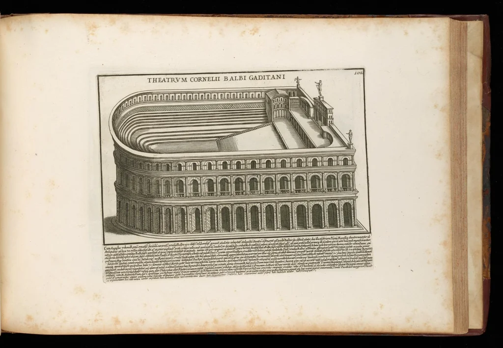 An illustration from Romanæ magnitvdinis monvmenta : qvæ vrbem illam orbis dominam velvt redivivam exhibent posteritati, vetervm recentiorvmqve qvotqvot hac de re scripservnt avthoritate probata, qvibvs svffragantvr nvmismata, et mvsea principvm præsertim fragmenta marmorea Farnesiana, qvæ vrbis antiqvæ ichnographiam continent, 1699, leaf 206
