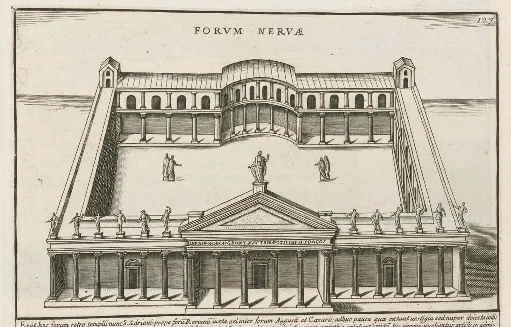An illustration from Romanæ magnitvdinis monvmenta : qvæ vrbem illam orbis dominam velvt redivivam exhibent posteritati, vetervm recentiorvmqve qvotqvot hac de re scripservnt avthoritate probata, qvibvs svffragantvr nvmismata, et mvsea principvm præsertim fragmenta marmorea Farnesiana, qvæ vrbis antiqvæ ichnographiam continent, 1699, leaf 256