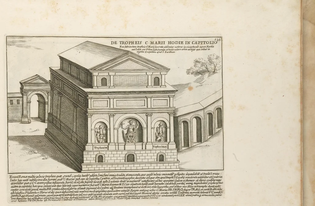An illustration from Romanæ magnitvdinis monvmenta : qvæ vrbem illam orbis dominam velvt redivivam exhibent posteritati, vetervm recentiorvmqve qvotqvot hac de re scripservnt avthoritate probata, qvibvs svffragantvr nvmismata, et mvsea principvm præsertim fragmenta marmorea Farnesiana, qvæ vrbis antiqvæ ichnographiam continent, 1699, leaf 274