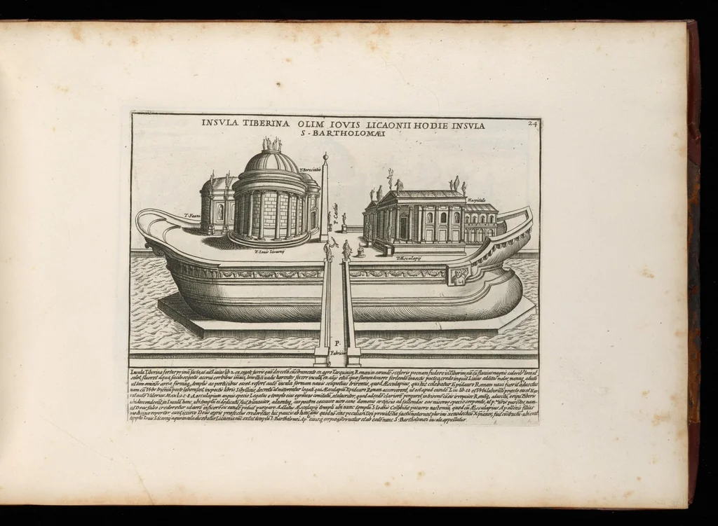 An illustration from Romanæ magnitvdinis monvmenta : qvæ vrbem illam orbis dominam velvt redivivam exhibent posteritati, vetervm recentiorvmqve qvotqvot hac de re scripservnt avthoritate probata, qvibvs svffragantvr nvmismata, et mvsea principvm præsertim fragmenta marmorea Farnesiana, qvæ vrbis antiqvæ ichnographiam continent, 1699, leaf 50