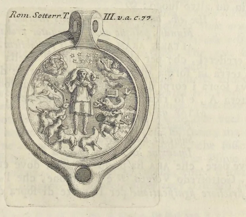 An illustration from Sculture e pitture sagre estratte dai cimiterj di Roma : pubblicate gia dagli autori della Roma sotterranea ed ora nuovamente date in luce colle spiegazioni per ordine di n. s. Clemente XII .., 1737, leaf 108