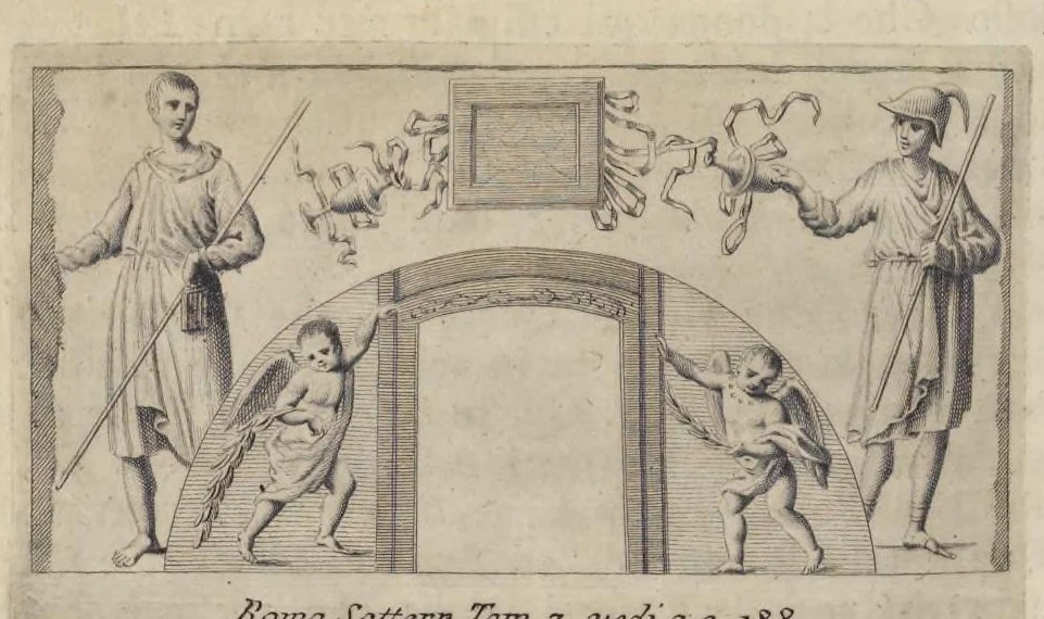 An illustration from Sculture e pitture sagre estratte dai cimiterj di Roma : pubblicate gia dagli autori della Roma sotterranea ed ora nuovamente date in luce colle spiegazioni per ordine di n. s. Clemente XII .., 1737, leaf 221