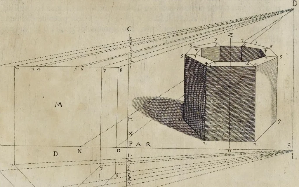 An illustration from La pratica di prospettiua del Caualiere Lorenzo Sirigatti : al Sermo. Ferdinando Medici granduca di Toscana, 1596, leaf 34
