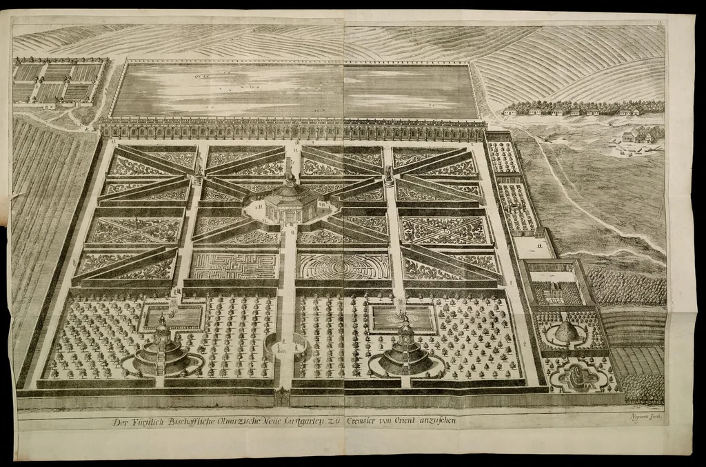 An illustration from Die Fürst-Bischofliche Olmucische Residentz-Stadt Cremsier : sambt denen nechst darbey neu-erhöbt, und von Grund zugericht und erbauten Lust- Blum- und Thier-Garten, 1691, leaf 10