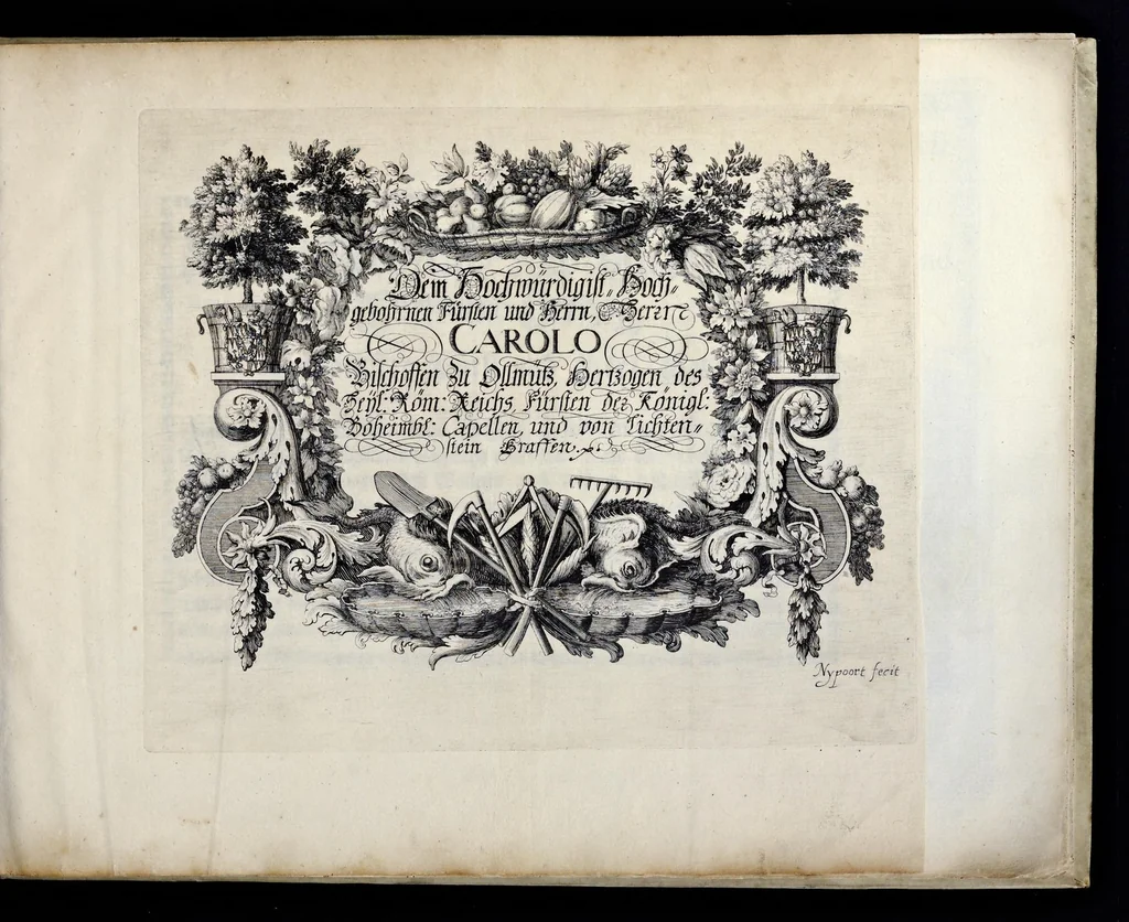 An illustration from Die Fürst-Bischofliche Olmucische Residentz-Stadt Cremsier : sambt denen nechst darbey neu-erhöbt, und von Grund zugericht und erbauten Lust- Blum- und Thier-Garten, 1691, leaf 4