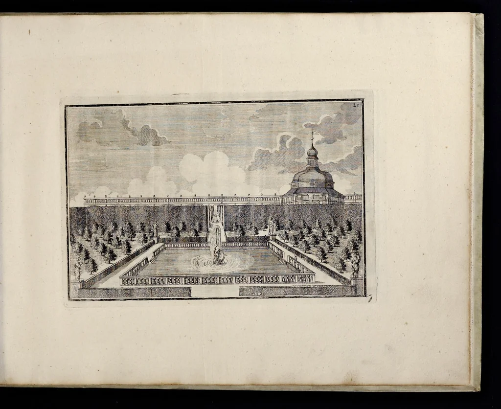An illustration from Die Fürst-Bischofliche Olmucische Residentz-Stadt Cremsier : sambt denen nechst darbey neu-erhöbt, und von Grund zugericht und erbauten Lust- Blum- und Thier-Garten, 1691, leaf 48