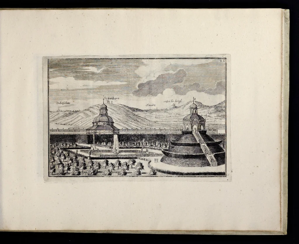 An illustration from Die Fürst-Bischofliche Olmucische Residentz-Stadt Cremsier : sambt denen nechst darbey neu-erhöbt, und von Grund zugericht und erbauten Lust- Blum- und Thier-Garten, 1691, leaf 50