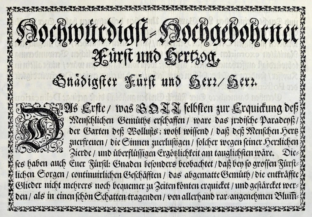 An illustration from Die Fürst-Bischofliche Olmucische Residentz-Stadt Cremsier : sambt denen nechst darbey neu-erhöbt, und von Grund zugericht und erbauten Lust- Blum- und Thier-Garten, 1691, leaf 6