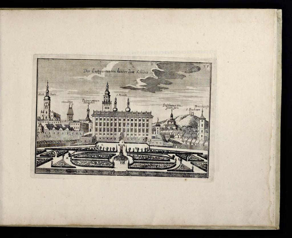 An illustration from Die Fürst-Bischofliche Olmucische Residentz-Stadt Cremsier : sambt denen nechst darbey neu-erhöbt, und von Grund zugericht und erbauten Lust- Blum- und Thier-Garten, 1691, leaf 72