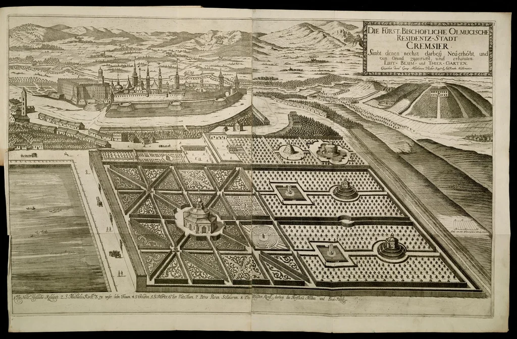 An illustration from Die Fürst-Bischofliche Olmucische Residentz-Stadt Cremsier : sambt denen nechst darbey neu-erhöbt, und von Grund zugericht und erbauten Lust- Blum- und Thier-Garten, 1691, leaf 8