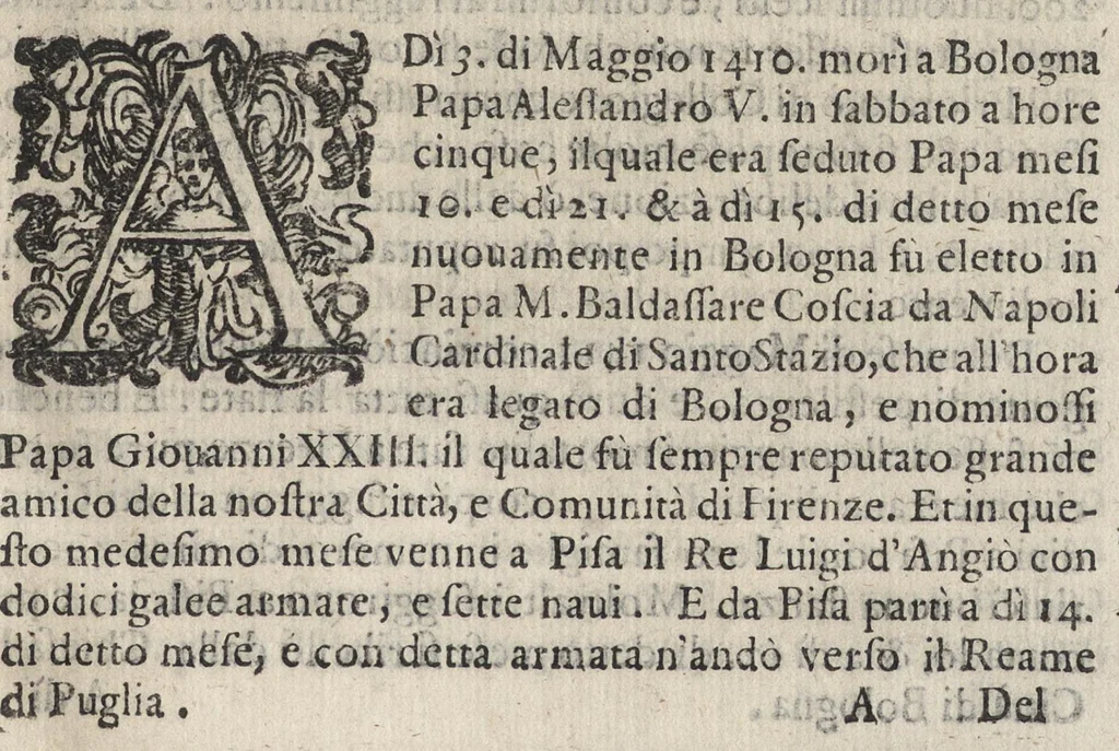 An illustration from Storie della citta di Firenze dall' anno 1410. al 1460. Scritte nelli stessi tempi che accaddono da Domenico di Lionardo Boninsegni. Le quali si sono arricchite di postille, e di due tauole, vna delle cose più notabili, e l'altra delle famiglie, e casati di Firenze, menzionate in dette storie, 1637, leaf 52