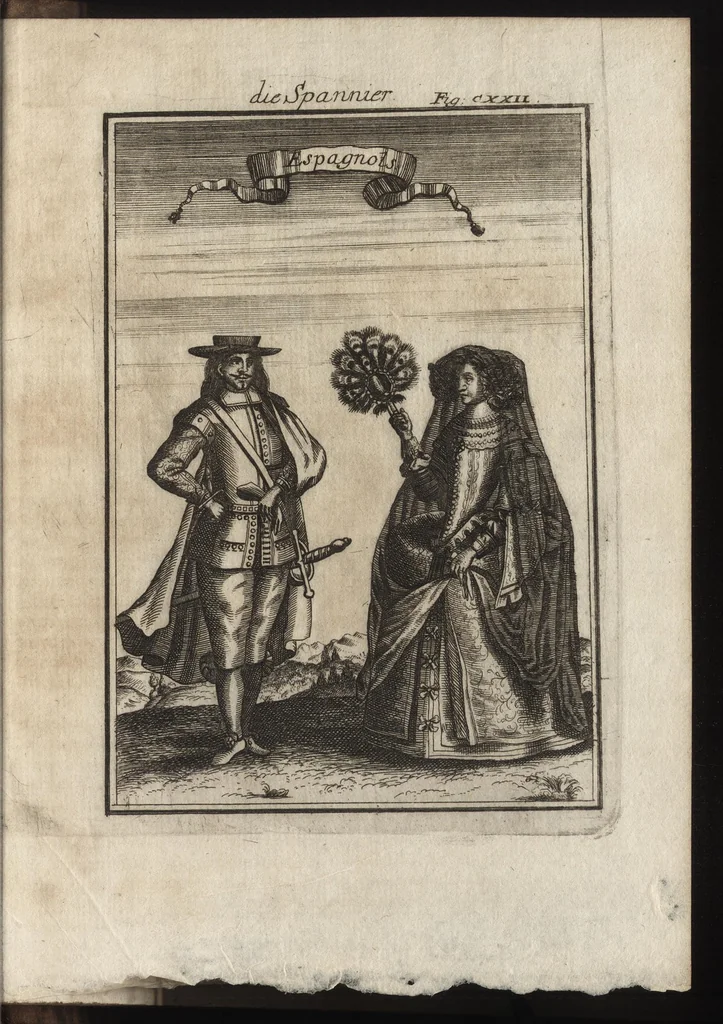 An illustration from Description de l'univers : contenant les differents systemes du monde, les cartes generales & particulieres de la geographie ancienne & moderne, les plans & les profils des principales villes & des autres lieux plus considerables de la Terre : avec les portraits des souverains qui y commandent, leurs blasons, titres & livrées : et les moeurs, religions, gouvernemens & divers habillemens de chaque nation, 1685, leaf 410