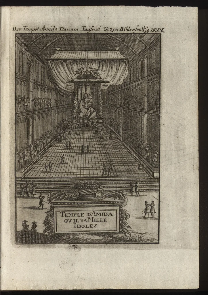 An illustration from Description de l'univers : contenant les differents systemes du monde, les cartes generales & particulieres de la geographie ancienne & moderne, les plans & les profils des principales villes & des autres lieux plus considerables de la Terre : avec les portraits des souverains qui y commandent, leurs blasons, titres & livrées : et les moeurs, religions, gouvernemens & divers habillemens de chaque nation, 1685, leaf 100