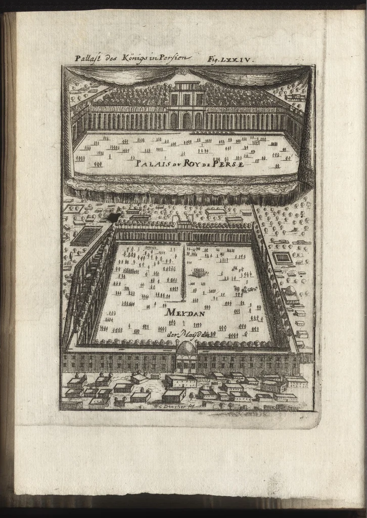 An illustration from Description de l'univers : contenant les differents systemes du monde, les cartes generales & particulieres de la geographie ancienne & moderne, les plans & les profils des principales villes & des autres lieux plus considerables de la Terre : avec les portraits des souverains qui y commandent, leurs blasons, titres & livrées : et les moeurs, religions, gouvernemens & divers habillemens de chaque nation, 1685, leaf 233