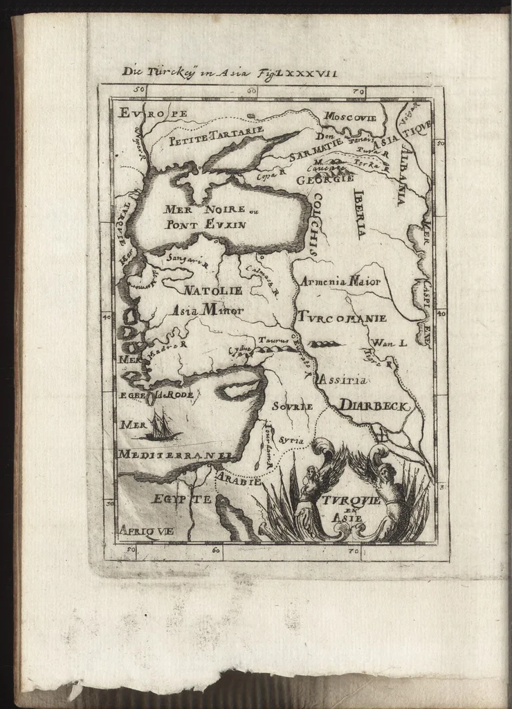 An illustration from Description de l'univers : contenant les differents systemes du monde, les cartes generales & particulieres de la geographie ancienne & moderne, les plans & les profils des principales villes & des autres lieux plus considerables de la Terre : avec les portraits des souverains qui y commandent, leurs blasons, titres & livrées : et les moeurs, religions, gouvernemens & divers habillemens de chaque nation, 1685, leaf 281
