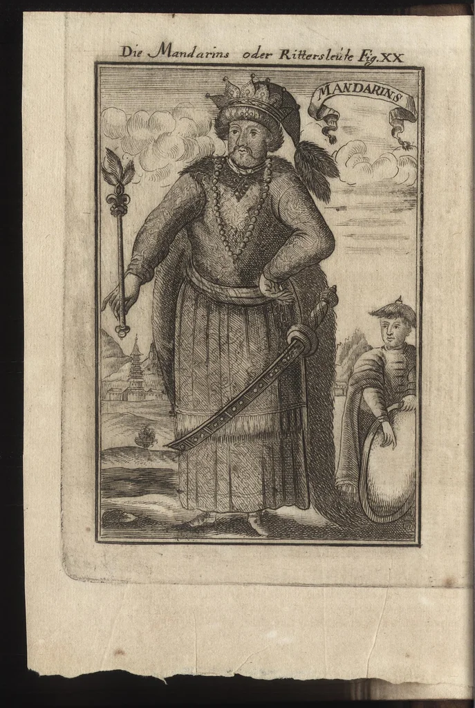 An illustration from Description de l'univers : contenant les differents systemes du monde, les cartes generales & particulieres de la geographie ancienne & moderne, les plans & les profils des principales villes & des autres lieux plus considerables de la Terre : avec les portraits des souverains qui y commandent, leurs blasons, titres & livrées : et les moeurs, religions, gouvernemens & divers habillemens de chaque nation, 1685, leaf 67