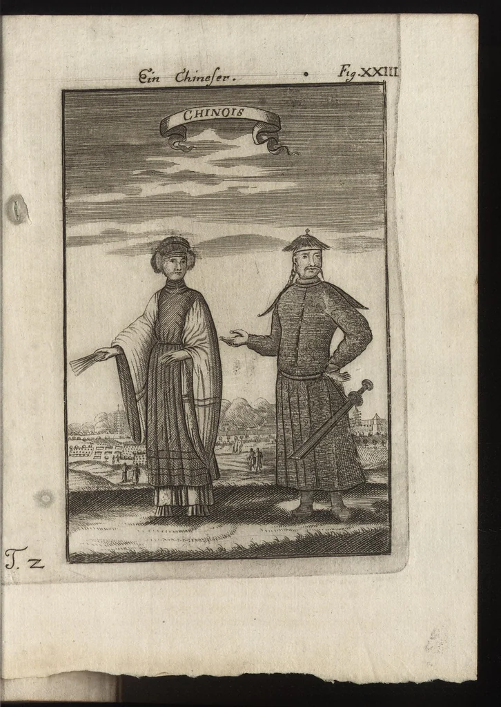 An illustration from Description de l'univers : contenant les differents systemes du monde, les cartes generales & particulieres de la geographie ancienne & moderne, les plans & les profils des principales villes & des autres lieux plus considerables de la Terre : avec les portraits des souverains qui y commandent, leurs blasons, titres & livrées : et les moeurs, religions, gouvernemens & divers habillemens de chaque nation, 1685, leaf 76