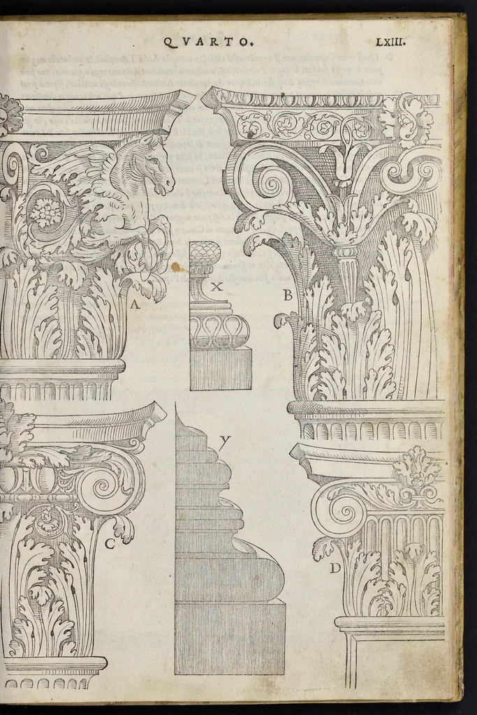 An illustration from Regole generali di architetvra sopra le cinqve maniere de gliedifici : cioe, thoscano, dorico, ionico, corinthio, et composito, con gliessempi dell'antiqvita, che per la magior parte concordano con la dottrina di Vitrvvio, 1537, leaf 128