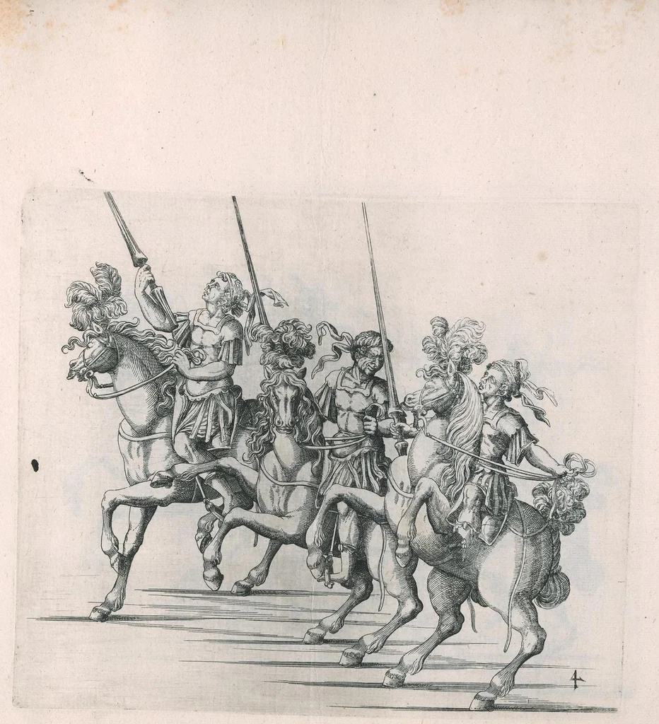 An illustration from Repraesentatio der fürstlichen Auffzug vnd Ritterspil : sobei des ... Fürsten ... Johann Friderichen, Hertzogen zu Wurttenberg vnd Teckh ... vnd der ... Fürstin ... Barbara Sophien geborne Marggrauin zu Brandẽburgi ... hochzeitlich. Ehrnfest den 6 Nouemb. A.̊1609 in der fürstl. Hauptstat Stutgarten mit grosser Solennitet gehaiten worden ..., 1611, leaf 70