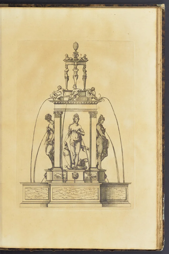 An illustration from Second livre d'architectvre, contenant plusieurs & diuerses ordonances de cheminees, lucarnes, portes, fonteines, puis & pauillons, pour enrichir tant le dedans que le dehors de tous edifices. Auec les desseins de dix sepultures toutes differentes, 1561, leaf 102