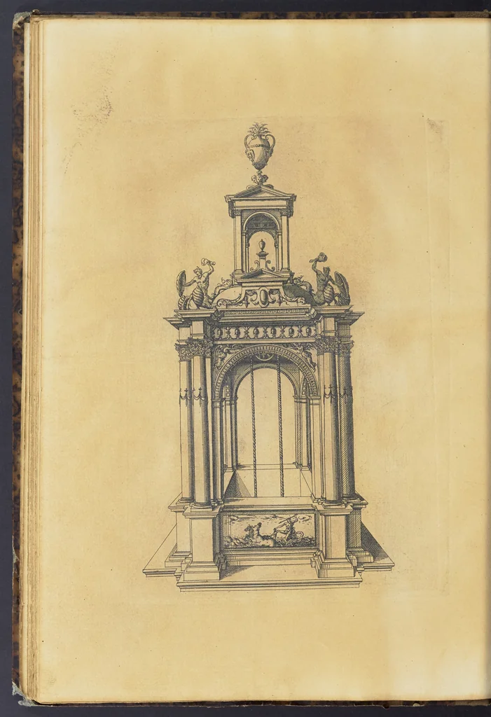 An illustration from Second livre d'architectvre, contenant plusieurs & diuerses ordonances de cheminees, lucarnes, portes, fonteines, puis & pauillons, pour enrichir tant le dedans que le dehors de tous edifices. Auec les desseins de dix sepultures toutes differentes, 1561, leaf 109