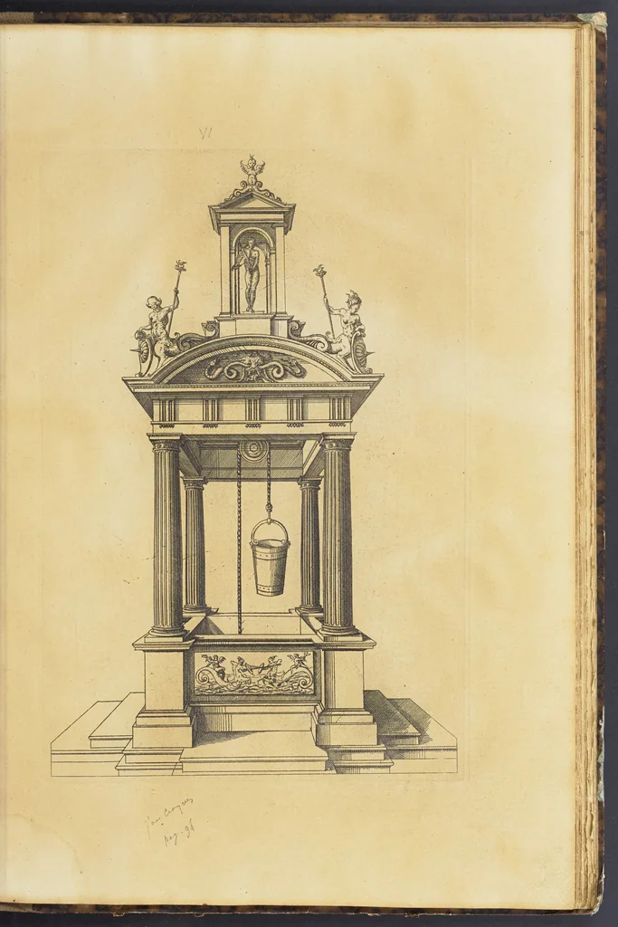 An illustration from Second livre d'architectvre, contenant plusieurs & diuerses ordonances de cheminees, lucarnes, portes, fonteines, puis & pauillons, pour enrichir tant le dedans que le dehors de tous edifices. Auec les desseins de dix sepultures toutes differentes, 1561, leaf 114