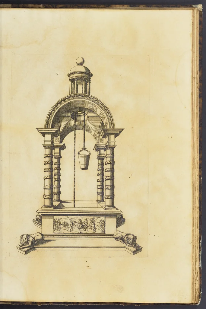 An illustration from Second livre d'architectvre, contenant plusieurs & diuerses ordonances de cheminees, lucarnes, portes, fonteines, puis & pauillons, pour enrichir tant le dedans que le dehors de tous edifices. Auec les desseins de dix sepultures toutes differentes, 1561, leaf 116